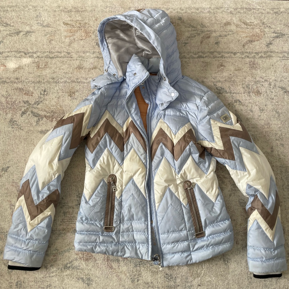 Bogner Light Blue Hooded Puffer Jacket with Orange Lining